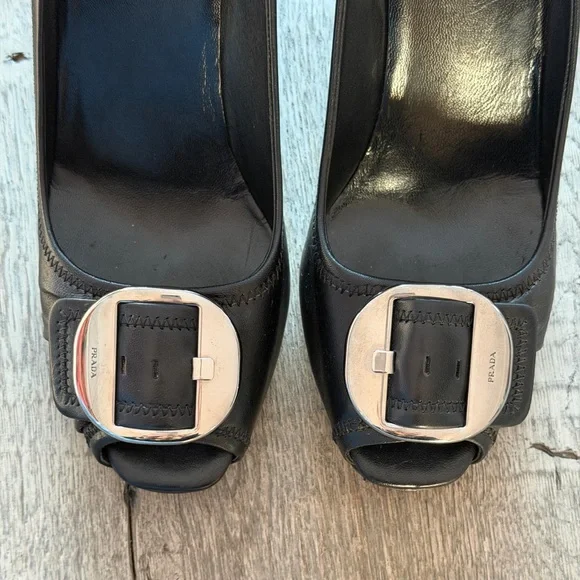 Prada Black Leather Buckle Heels Peep Toe Rare Vintage / EU 41 - Picture 3 of 14
